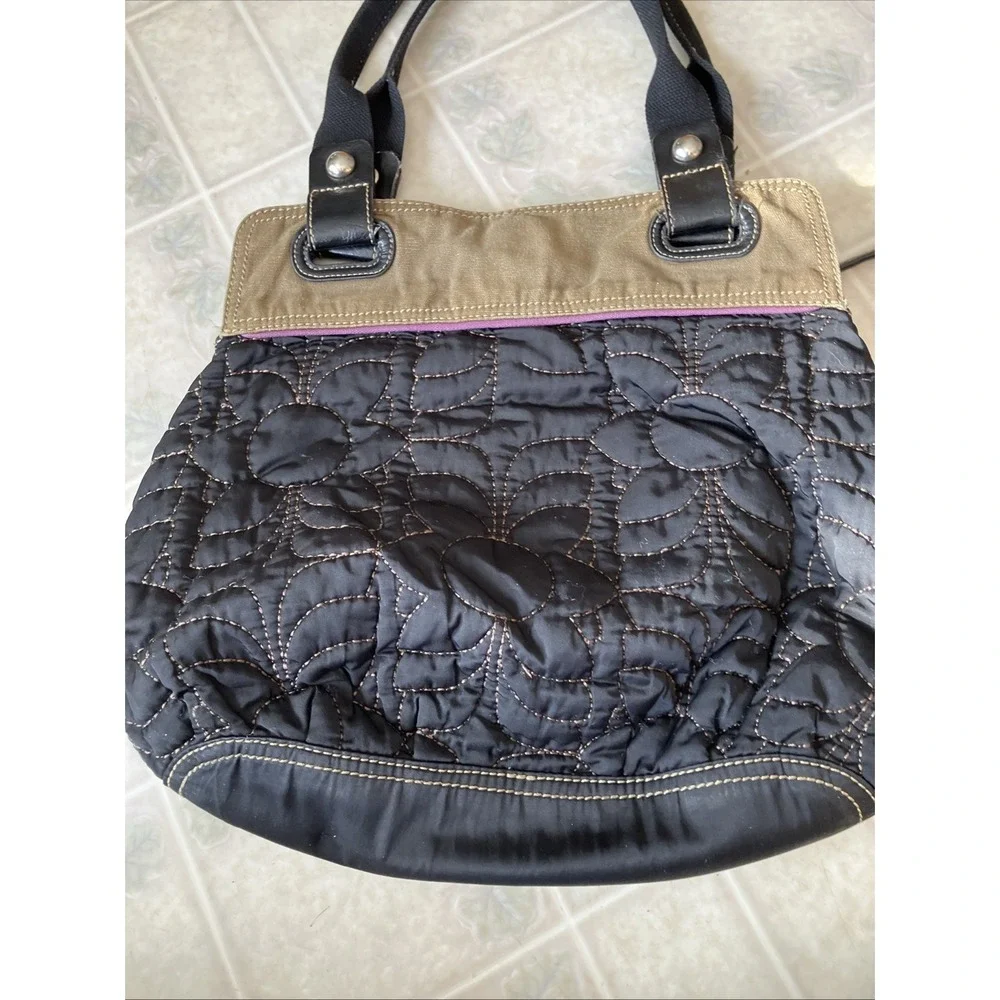 Fossil Key Per Purse Quilted Black Nylon Leather Tote Shoulder Bag Large‎